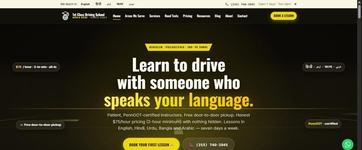 Screenshot of the apkadesidrivingschool.com home page: headline reading "Learn to drive with someone who speaks your language".