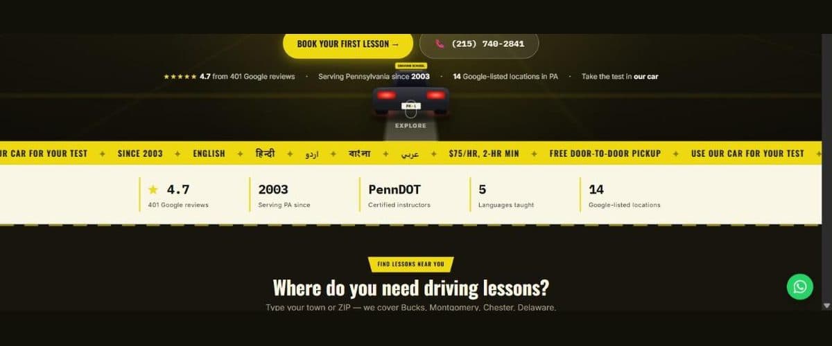 Screenshot of apkadesidrivingschool.com showing trust markers and a search box asking where lessons are needed.