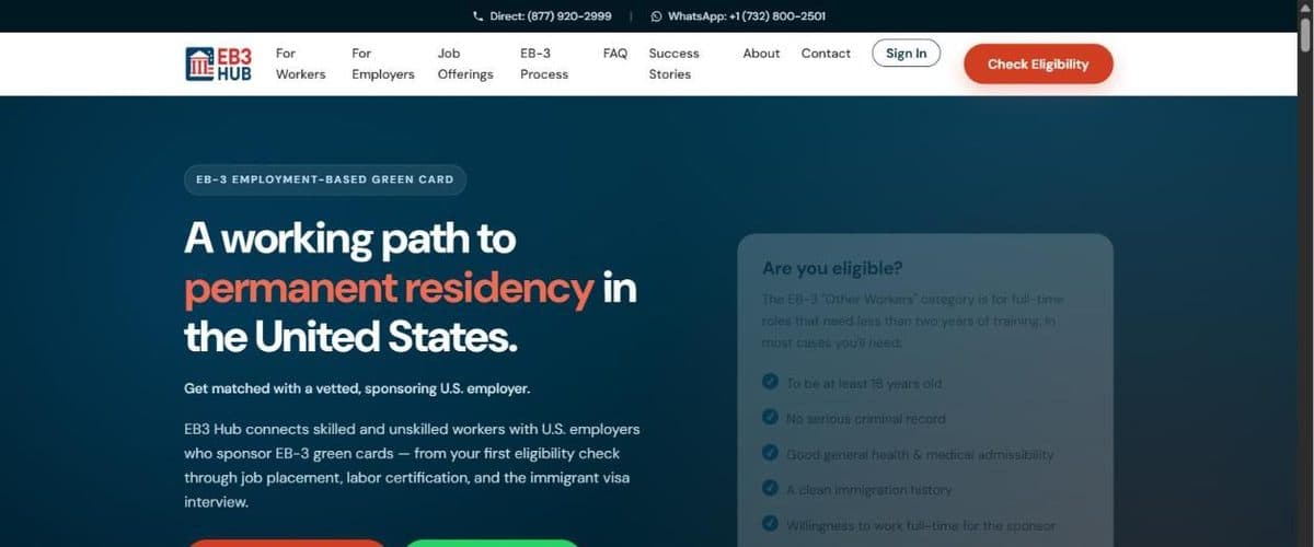 Screenshot of the eb3hub.com home page: headline about permanent residency beside an eligibility checklist panel.