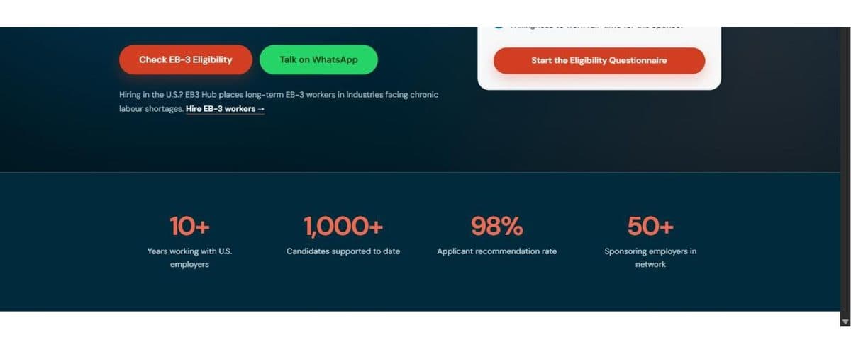 Screenshot of eb3hub.com showing the primary calls to action above a band of track-record figures.