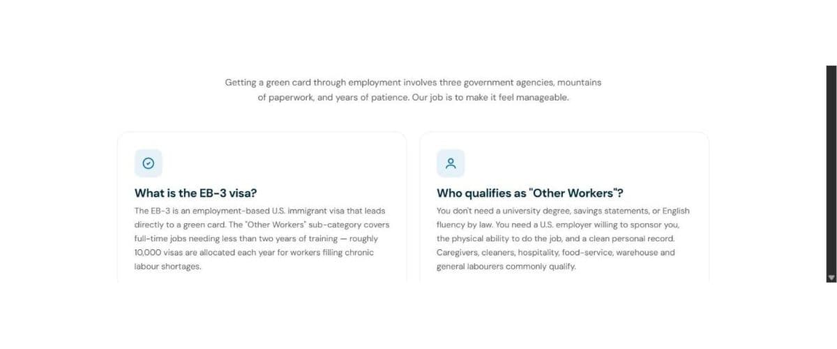Screenshot of eb3hub.com explainer cards answering what the EB-3 visa is and who qualifies.